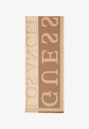 Texturiertes Baumwollmischschal mit großen Buchstaben in einem beige-braunen Farbschema, mit fransigen Kanten für zusätzlichen Detail.