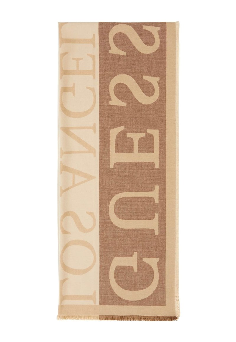 Sciarpa in cotone misto texture con grandi lettere in una combinazione di colori beige e marrone, con bordi frangiati per un tocco in più.