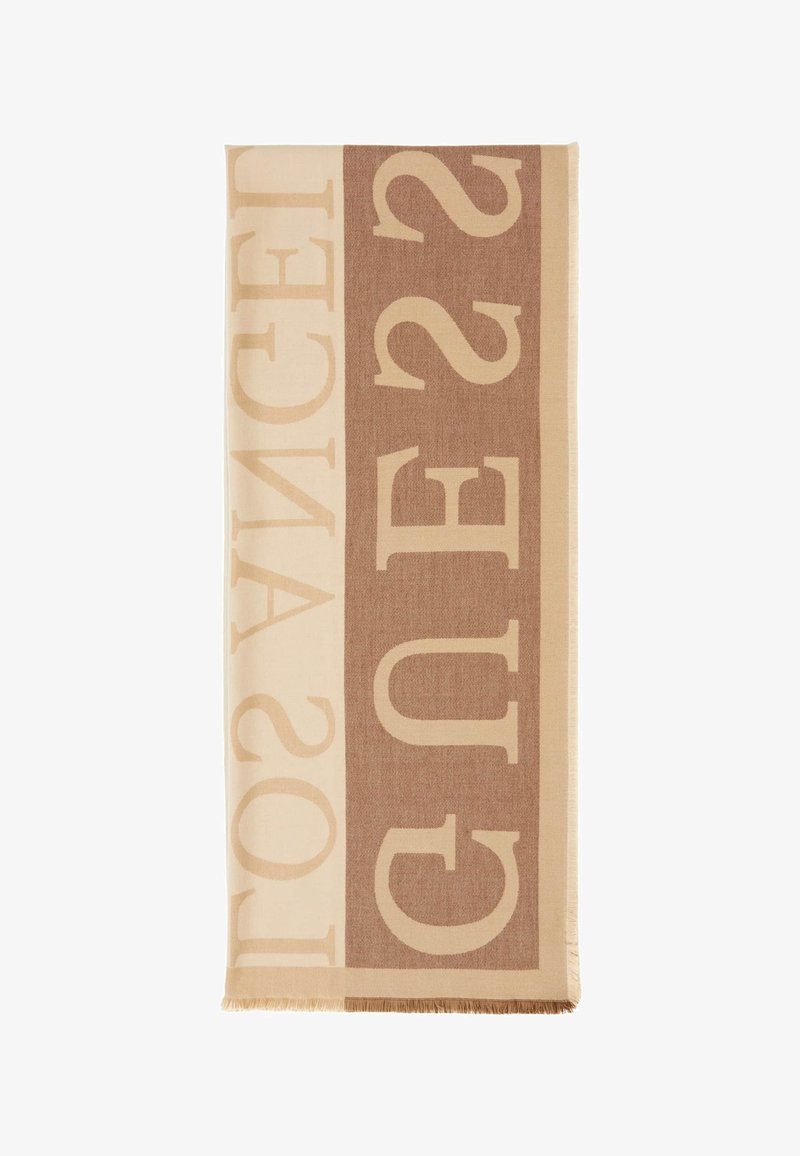 Sciarpa in cotone misto texture con grandi lettere in una combinazione di colori beige e marrone, con bordi frangiati per un tocco in più.