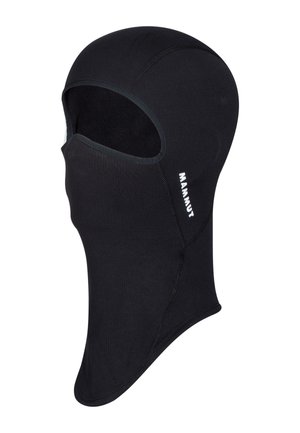 Schwarze Balaclava aus dehnbarem Material mit eng anliegendem Design. Verfügt über Öffnungen für das Gesicht und die Augen sowie genähte Nähte.