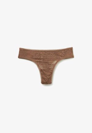 Braune Spitzen-Thong mit floralem Muster und gewellten Kanten, flach auf einem weißen Hintergrund präsentiert.