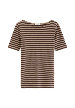 Braun-beiges, horizontal gestreiftes kurzärmeliges Shirt mit Rundhalsausschnitt, vor weißem Hintergrund dargestellt.