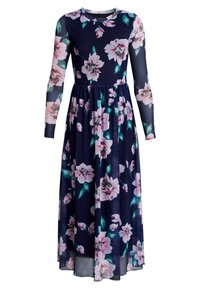 Robe à manches longues bleu marine avec un motif floral composé de fleurs roses et de feuilles vertes. Confectionnée en tissu léger avec une silhouette fluide.