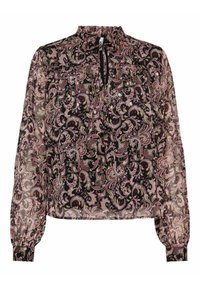 Blouse transparente noire avec un motif cachemire rose et crème, dotée d'un col montant, d'un empiècement froncé et de poignets élastiqués.