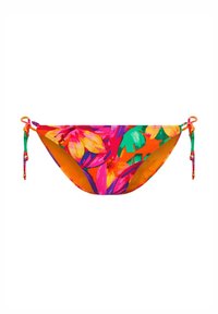 Bañador de bikini multicolor con estampado floral en rosa, naranja y verde. Cuenta con lazos laterales ajustables y una tela suave y elástica.