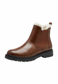 Bottine en cuir marron avec un panneau latéral texturé et une doublure en fausse fourrure blanche. Dispose d'une semelle en caoutchouc noire et d'une languette à l'arrière.