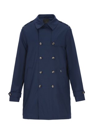 Marineblauer, doppelreihiger Mantel mit einem strukturierten Kragen, vorderen Taschen und metallischen Knöpfen. Hergestellt aus glattem, leichtem Material.