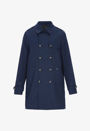 Laivastonsininen kaksirivinen takki, jossa on jämäkkä kaulus, etutaskut ja metalliset napit. Valmistettu sileästä, kevyestä materiaalista.