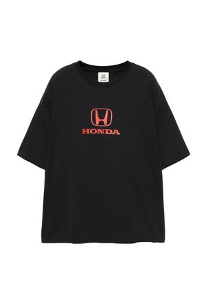 T-shirt noir à manches courtes avec un logo Honda rouge et le mot "HONDA" imprimé en rouge au centre devant.