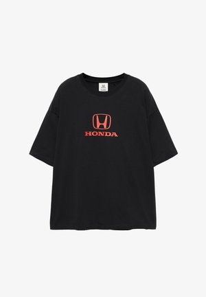 T-shirt noir à manches courtes avec un logo Honda rouge et le mot "HONDA" imprimé en rouge au centre devant.