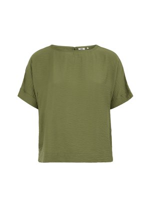 Olivgrüne kurzärmelige Bluse mit rundem Ausschnitt und leichter Textur, Vorderansicht auf einfachem weißem Hintergrund.