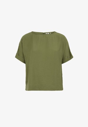 Oliviroheline lühikeste varrukatega pluus ümarate kaelustega ja kergelt tekstuuriga, eest vaadatuna, tavalise valge taustaga.