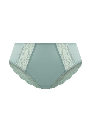 Lichtgroen ondergoed met kanten zijpanelen, geschulpte randen en een gladde voorkant. Zachte stoftextuur met fijne details.