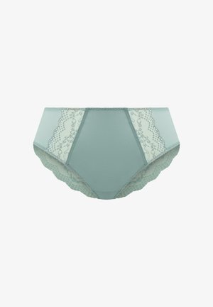 Light green underwear featuring lace side panels, scalloped edges, and a smooth front. Soft fabric texture with delicate detailing.