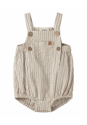 Bézs és fehér csíkos babaromper elülső zsebbel, fa gombos pántokkal, elasztikus lábnyílásokkal és húzott derékrészekkel.
