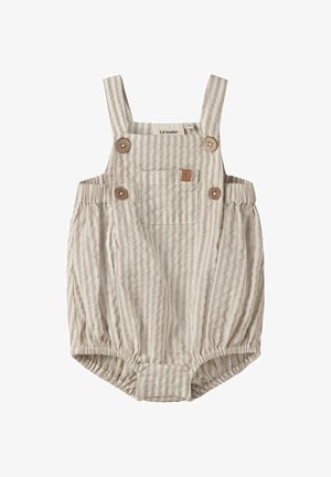 Beige og hvitstripet babydress med frontlomme, treknappstropper, elastiske benåpninger og innsvingte sider i midjen.