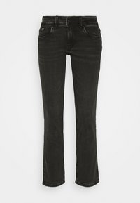 Svarta denimjeans med rak ben-design, som har en traditionell femficksstil, bältesluvar och knappgylf.