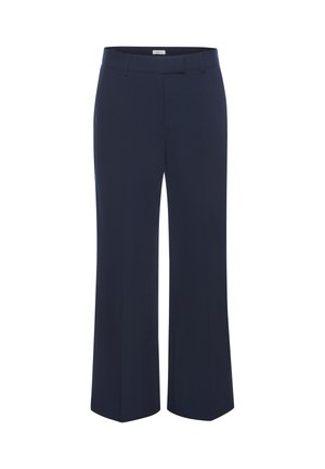 Marineblauwe broek met rechte pijpen, riemlussen, zijzakken en een haak-en-stangsluiting aan de voorkant.