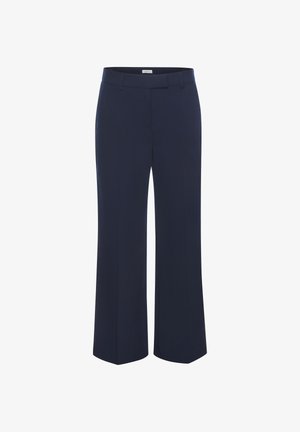 Tumesinised sirgelõikelised püksid vööaasade, küljetaskute ja ees oleva konksu-luku kinnitusega.