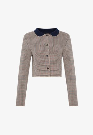 Gekürztes Langarmoberteil mit kariertem Muster in Marineblau, Rot und Weiß, das einen gewellten Marineblau-Kragen und schwarze Knöpfe aufweist.