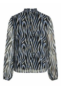 Przezroczysta bluzka z abstrakcyjnymi paskami zebry w kolorach niebieskim, czarnym i białym, z długimi rękawami zakończonymi elastycznymi mankietami oraz marszczonym, wysokim kołnierzem zapinanym z tyłu na guzik.