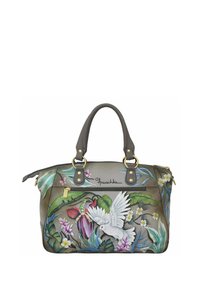 Leren handtas met een geschilderd ontwerp van tropisch loof en een witte duif, met grijze handvatten en gouden hardware.