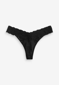 Svart stringtrosa med spetsmidja, med en vågig kant och blommönster. Tillverkad av mjukt tyg, den har minimal täckning och en slimmad design.