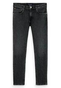 Jeans de mezclilla negra con corte ajustado, diseño de cinco bolsillos y costuras visibles. La tela tiene una ligera textura y un sutil desgastado.