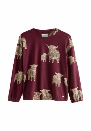 Maroon sweatshirt met lange mouwen en een ronde hals, voorzien van een herhaald patroon van beige hooglandrunderen. Elastische manchetten en een relaxte pasvorm.