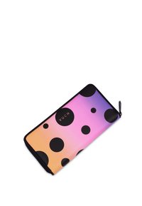 Wallet made of smooth material features a gradient background of pink to orange, adorned with black polka dots and a "VUCH" logo.
