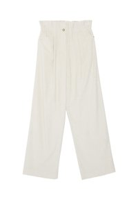 Pantaloni a gamba larga in velluto a costine color crema con vita elastica, caratterizzati da pieghe e tasche laterali. Tessuto morbido con righe verticali.
