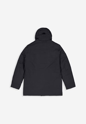 Dark gray insulated jacket with a hood, featuring a smooth texture, straight cut, and long sleeves. Back view shows minimal detailing.