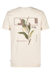 Camiseta de algodón crema con gráfico de hojas y texto de la marca en marrón. Escote redondo y mangas cortas. Corte recto, ajuste estándar.