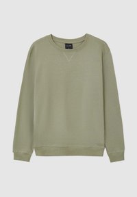 Helles grünes Sweatshirt aus weichem Stoff. Mit Rundhalsausschnitt, gerippten Bündchen und Saum. Einfaches Design ohne Muster oder Verzierungen.