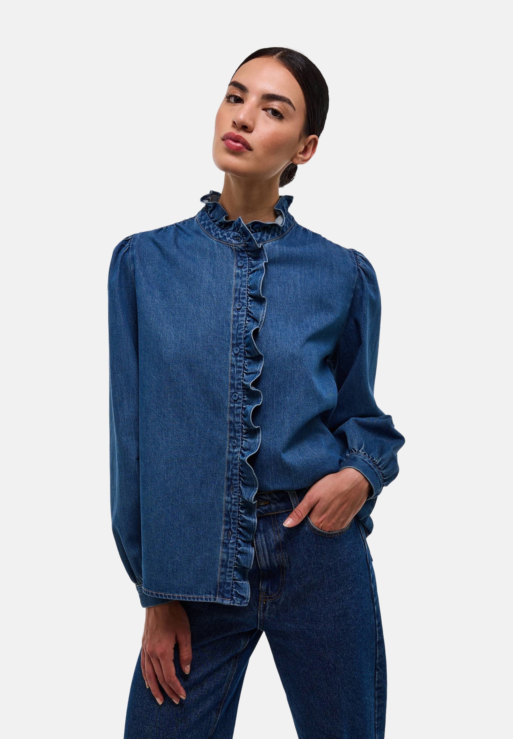 Chemisier en dentelle à col en V et manches longues pour femme TrendiMax, élégant, couleur unie, basique, noir, taille S - Vêtements