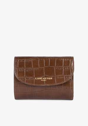 Brown faux crocodile leather wallet with gold "Lancaster Paris" logo, featuring a flap closure and a textured pattern. Compact design.