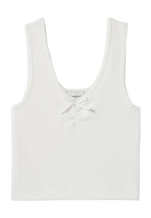 Haut court blanc sans manches avec encolure dégagée et petit nœud décoratif à l'avant au centre.