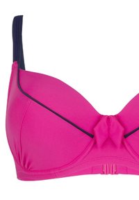 Różowy stanik z ciemnoniebieskimi ramiączkami, formowanymi miseczkami i detalem w postaci kokardki na środku. Gładki materiał z estetycznym wykończeniem i regulowanymi ramiączkami.