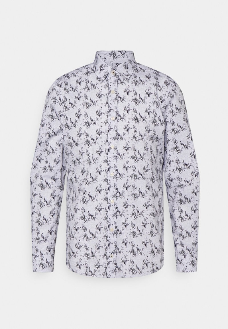 Chemise blanche manches longues à boutons, motif oiseau noir et branches, col classique et boutons frontaux.