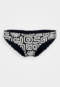 Μαύρο κάτω μέρος μπικίνι με λευκά γεωμετρικά και λουλουδάτα μοτίβα, κατασκευασμένο από ελαστικό υλικό. Σχεδιασμένο με μέση μέσου ύψους και πλήρη κάλυψη.