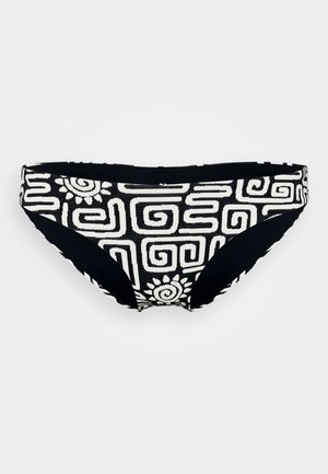 Čierne bikiny s bielymi geometrickými a kvetinovými vzormi, vyrobené z elastického materiálu. Navrhnuté s stredne vysokým pásom a plným pokrytím.