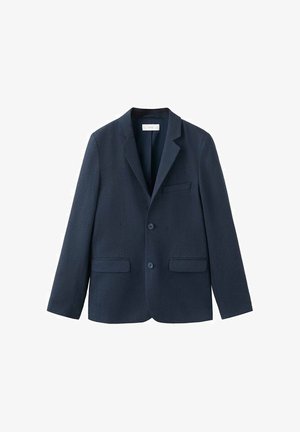 Blazer pour homme bleu marine avec deux boutons avant, deux poches à rabat, une poche poitrine passepoilée et un col cranté.