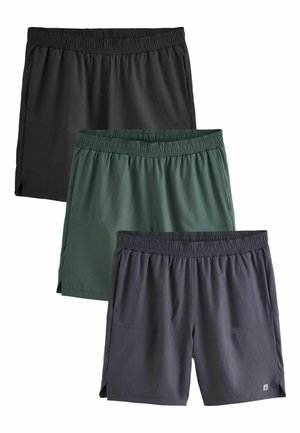 Trois paires de shorts pour hommes à taille élastique en noir, vert foncé et gris foncé, disposées en chevauchement vertical sur un fond blanc.