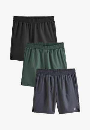 Trois paires de shorts pour hommes à taille élastique en noir, vert foncé et gris foncé, disposées en chevauchement vertical sur un fond blanc.