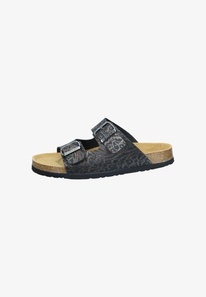Black and beige patterned two-strap sandal with silver buckles, cork footbed, and black rubber sole. Designed for comfort and stability.