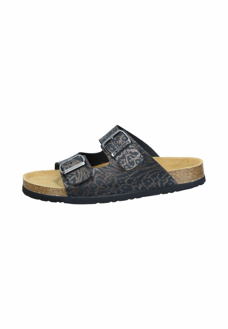 Black and beige patterned two-strap sandal with silver buckles, cork footbed, and black rubber sole. Designed for comfort and stability.