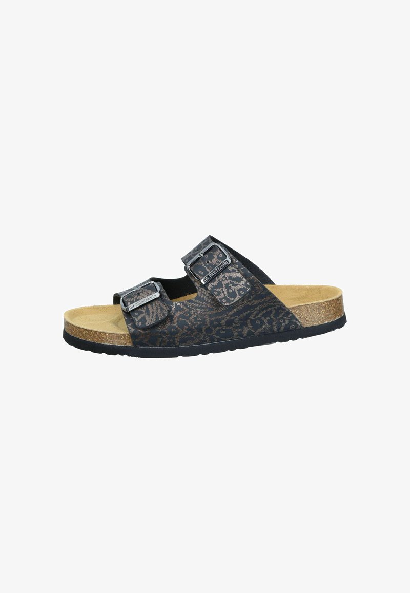 Black and beige patterned two-strap sandal with silver buckles, cork footbed, and black rubber sole. Designed for comfort and stability.
