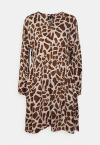 Brown and cream dress featuring a giraffe print, v-neckline, long sleeves, and a flowing silhouette with gathered detailing at the waist.