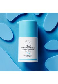 F-Balm Electrolyte Waterfacial in a white and light blue pump bottle, 50 ml. Surrounded by light blue applicators on a blue background.