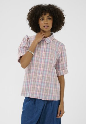Rövid ujjú, gombos ing több színű kockás mintával, világos rózsaszín, kék és bézs árnyalatokkal; klasszikus gallérral és laza szabással.